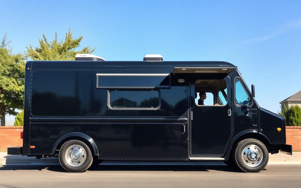 Black food truck parked outdoors on a sunny day