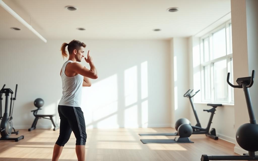 Trainer stretching in a bright modern fitness studio