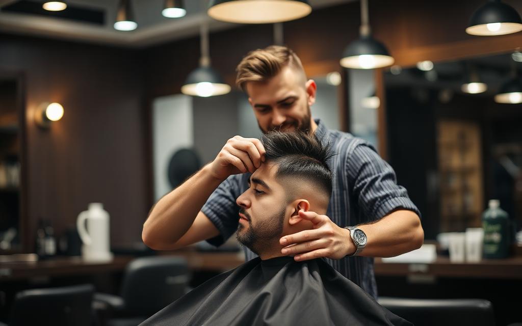 Barber cutting a client's hair in a modern barbershop