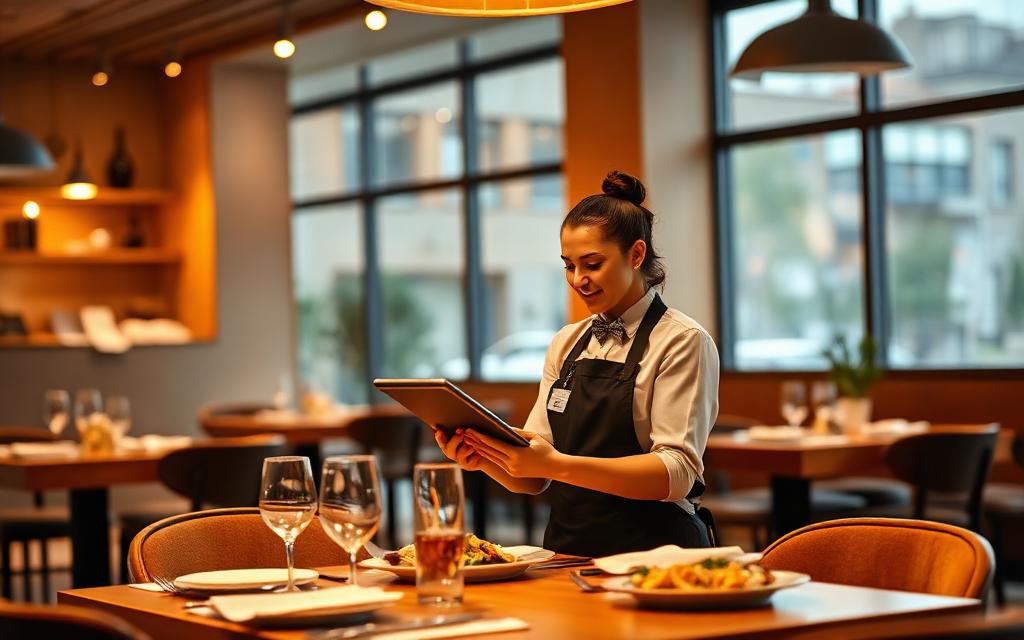 Server using a tablet at a warmly lit restaurant table
