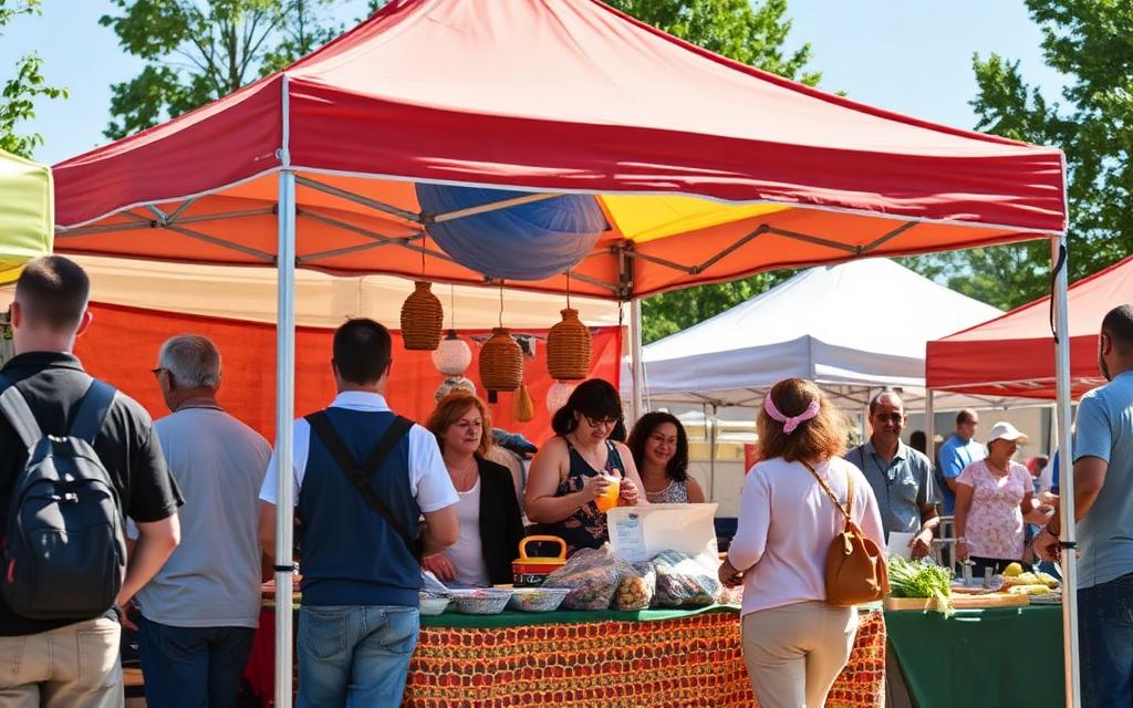 Outdoor market vendor booth with customers under a pop-up tent