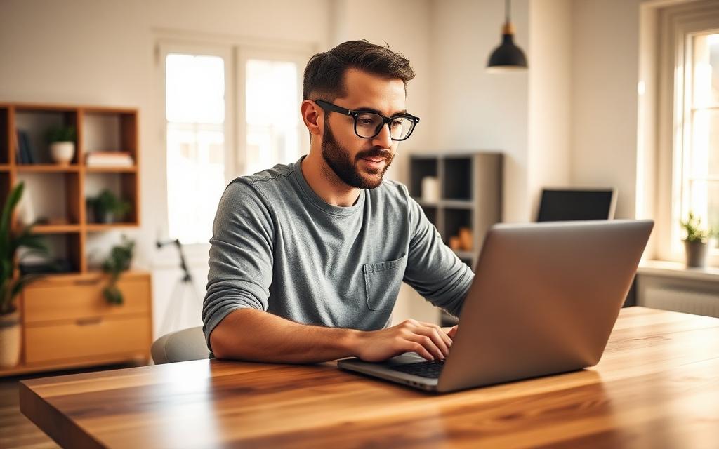 Freelancer working on a laptop in a bright home office