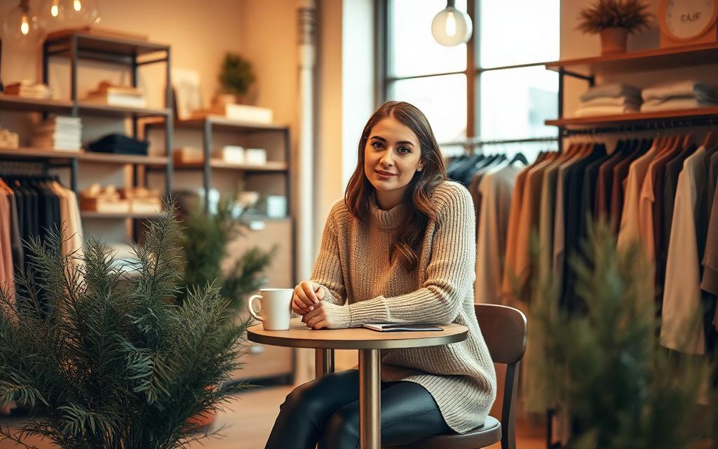 Boutique owner sitting inside a warm retail store