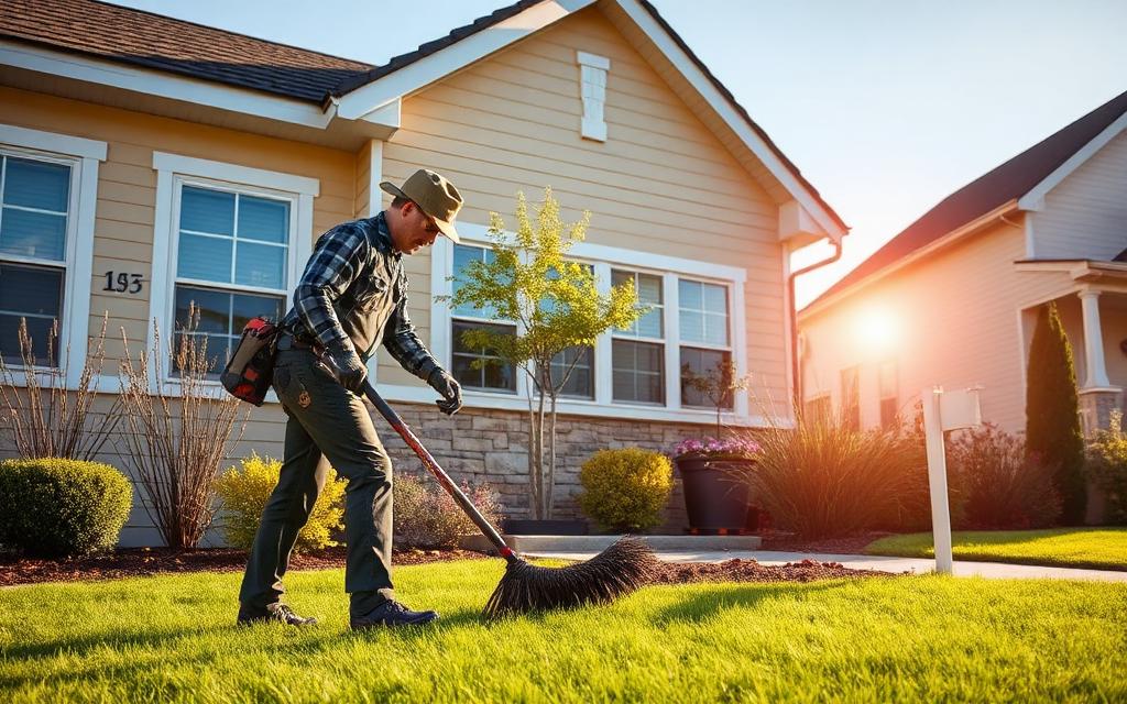 Landscaper working outside a suburban home on a sunny day